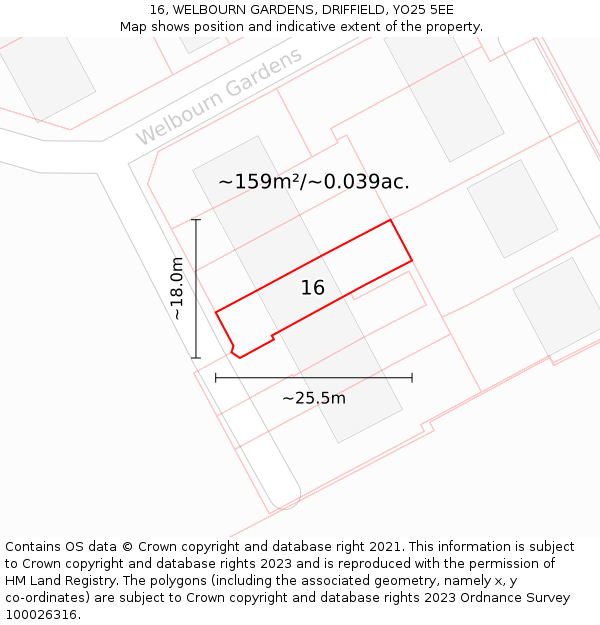 16, WELBOURN GARDENS, DRIFFIELD, YO25 5EE: Plot and title map