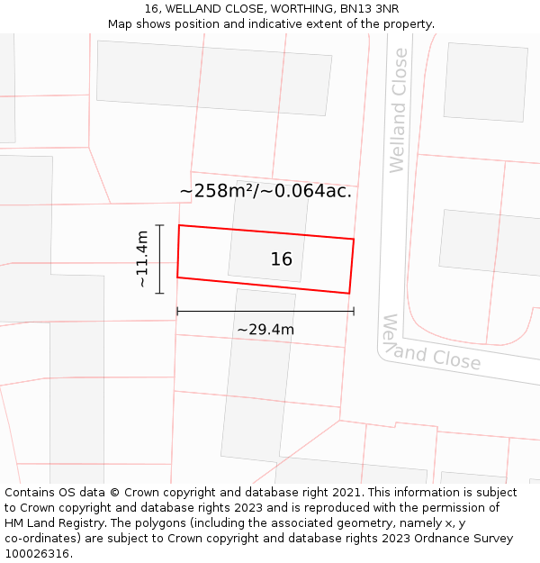 16, WELLAND CLOSE, WORTHING, BN13 3NR: Plot and title map