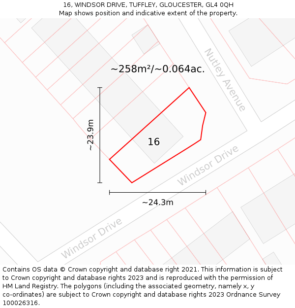 16, WINDSOR DRIVE, TUFFLEY, GLOUCESTER, GL4 0QH: Plot and title map