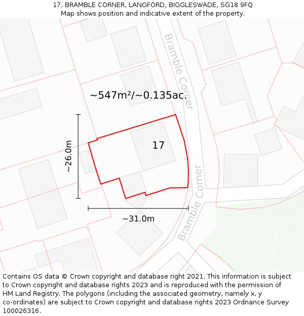 17, BRAMBLE CORNER, LANGFORD, BIGGLESWADE, SG18 9FQ: Plot and title map