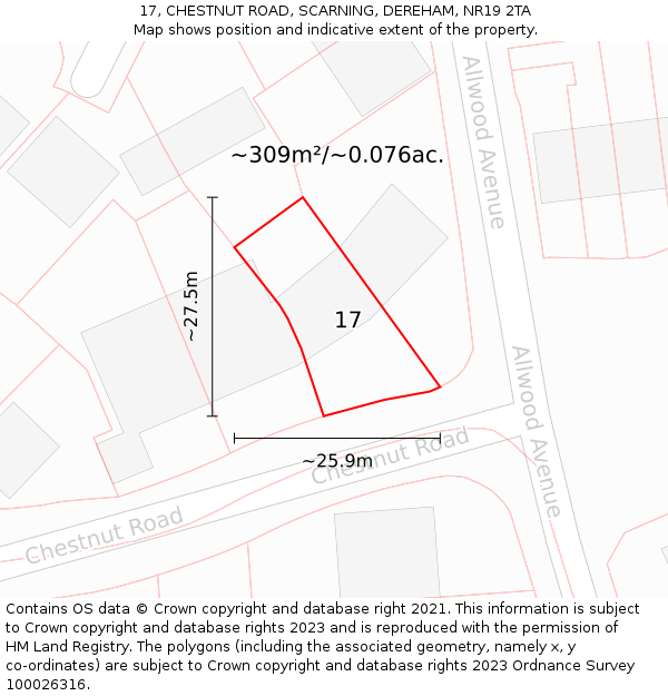 17, CHESTNUT ROAD, SCARNING, DEREHAM, NR19 2TA: Plot and title map