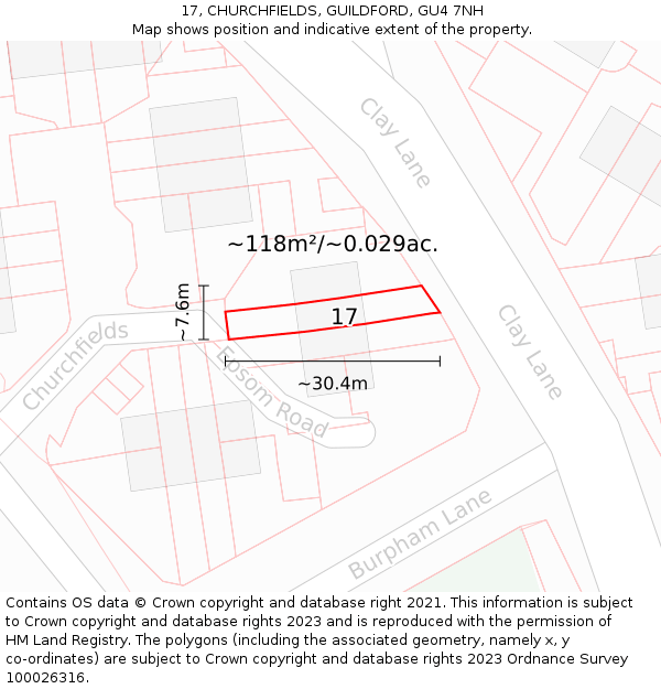 17, CHURCHFIELDS, GUILDFORD, GU4 7NH: Plot and title map