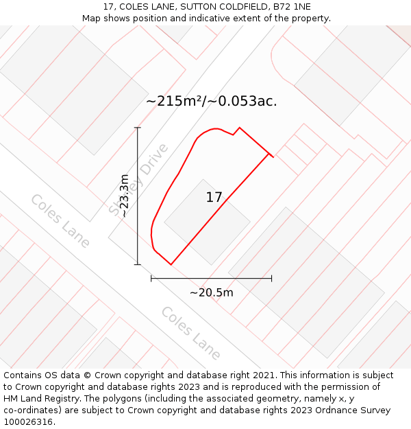 17, COLES LANE, SUTTON COLDFIELD, B72 1NE: Plot and title map