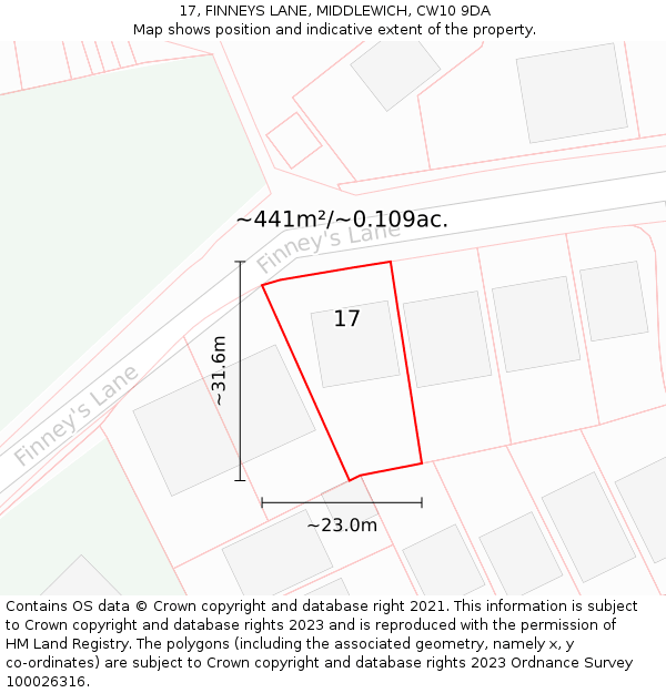 17, FINNEYS LANE, MIDDLEWICH, CW10 9DA: Plot and title map
