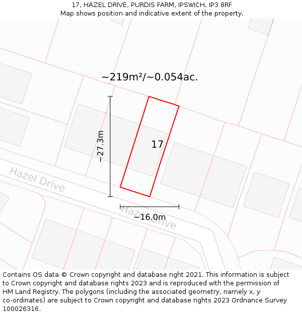 17, HAZEL DRIVE, PURDIS FARM, IPSWICH, IP3 8RF: Plot and title map
