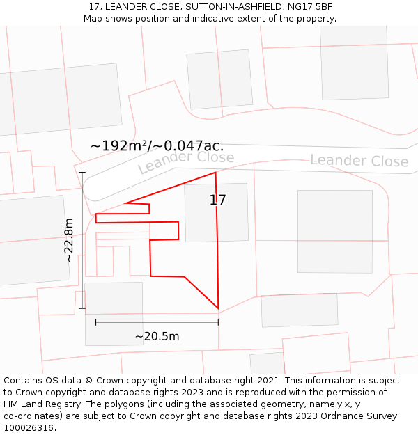 17, LEANDER CLOSE, SUTTON-IN-ASHFIELD, NG17 5BF: Plot and title map