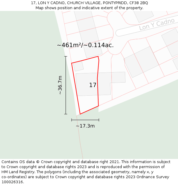 17, LON Y CADNO, CHURCH VILLAGE, PONTYPRIDD, CF38 2BQ: Plot and title map