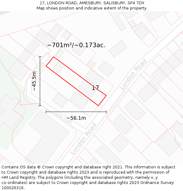 17, LONDON ROAD, AMESBURY, SALISBURY, SP4 7DX: Plot and title map