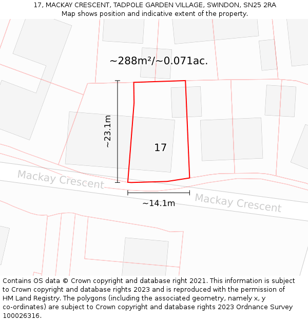 17, MACKAY CRESCENT, TADPOLE GARDEN VILLAGE, SWINDON, SN25 2RA: Plot and title map