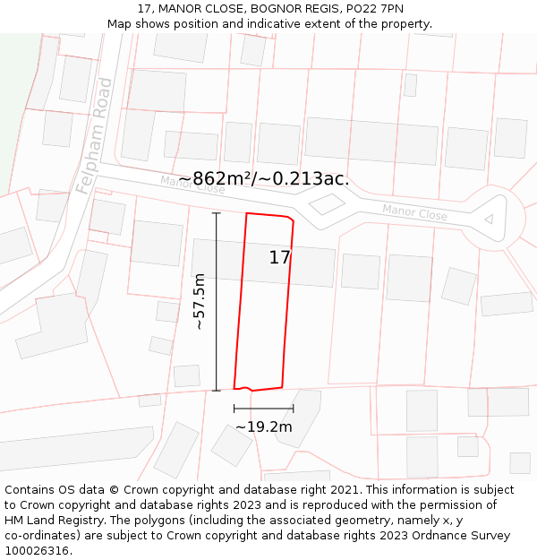 17, MANOR CLOSE, BOGNOR REGIS, PO22 7PN: Plot and title map