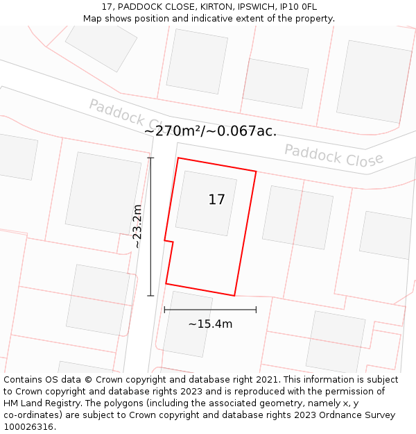 17, PADDOCK CLOSE, KIRTON, IPSWICH, IP10 0FL: Plot and title map