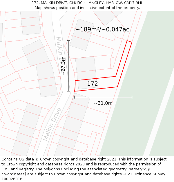 172, MALKIN DRIVE, CHURCH LANGLEY, HARLOW, CM17 9HL: Plot and title map
