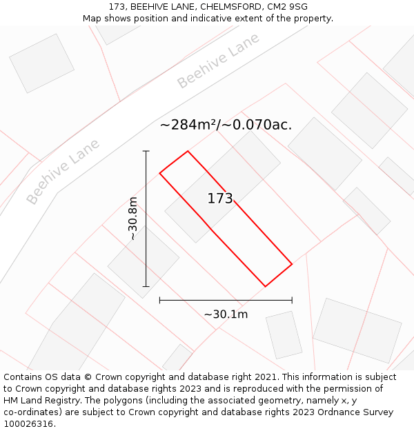 173, BEEHIVE LANE, CHELMSFORD, CM2 9SG: Plot and title map