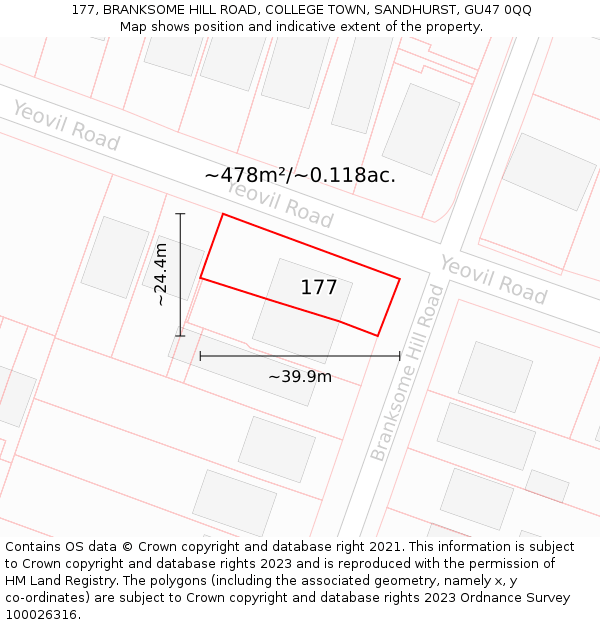 177, BRANKSOME HILL ROAD, COLLEGE TOWN, SANDHURST, GU47 0QQ: Plot and title map