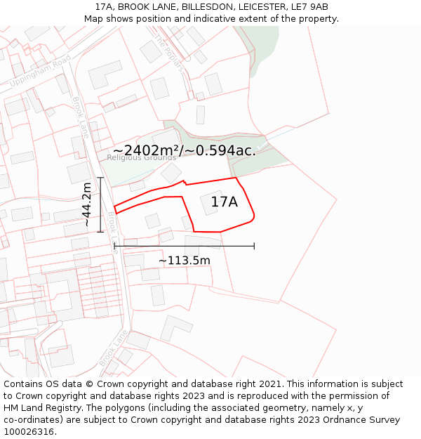17A, BROOK LANE, BILLESDON, LEICESTER, LE7 9AB: Plot and title map