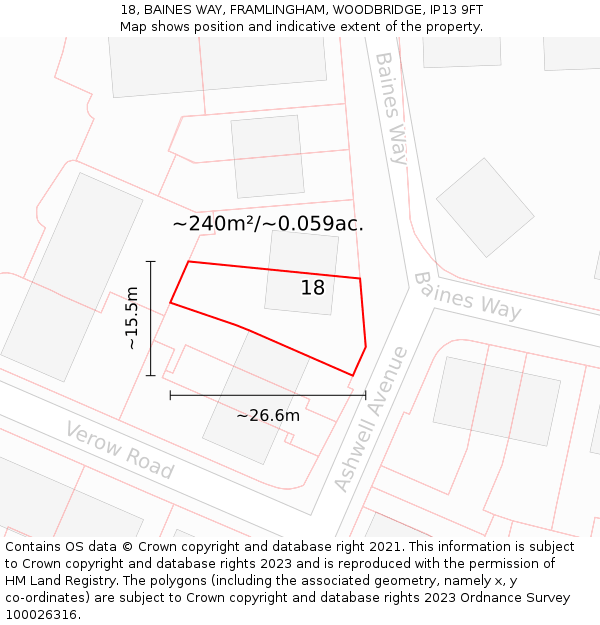 18, BAINES WAY, FRAMLINGHAM, WOODBRIDGE, IP13 9FT: Plot and title map