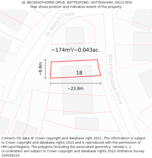 18, BECKINGTHORPE DRIVE, BOTTESFORD, NOTTINGHAM, NG13 0DN: Plot and title map