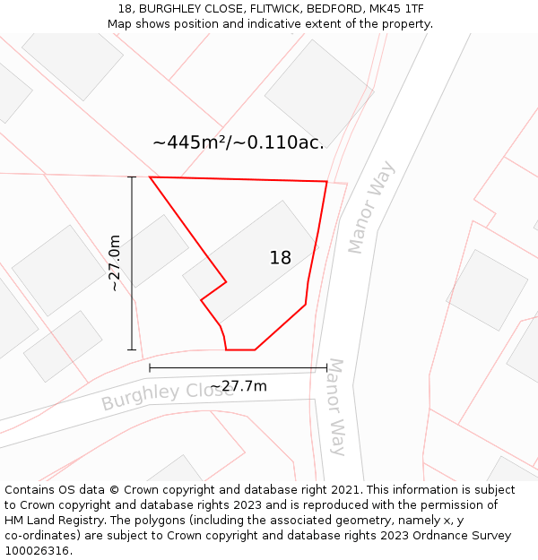 18, BURGHLEY CLOSE, FLITWICK, BEDFORD, MK45 1TF: Plot and title map