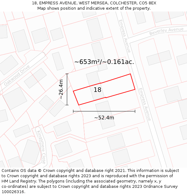 18, EMPRESS AVENUE, WEST MERSEA, COLCHESTER, CO5 8EX: Plot and title map