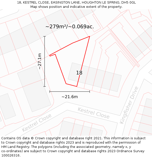 18, KESTREL CLOSE, EASINGTON LANE, HOUGHTON LE SPRING, DH5 0GL: Plot and title map