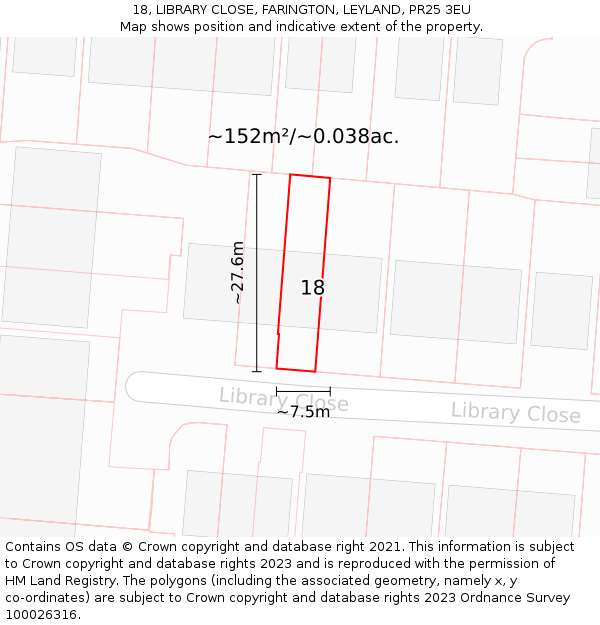 18, LIBRARY CLOSE, FARINGTON, LEYLAND, PR25 3EU: Plot and title map