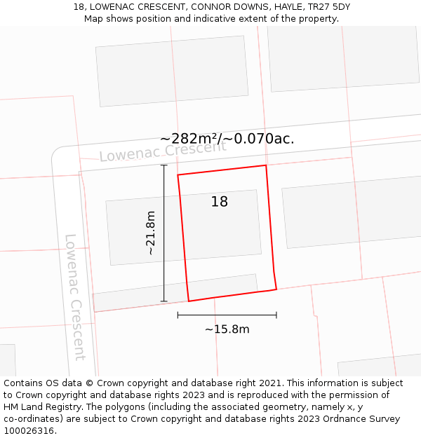 18, LOWENAC CRESCENT, CONNOR DOWNS, HAYLE, TR27 5DY: Plot and title map