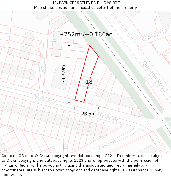 18, PARK CRESCENT, ERITH, DA8 3DE: Plot and title map