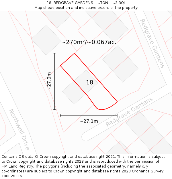 18, REDGRAVE GARDENS, LUTON, LU3 3QL: Plot and title map