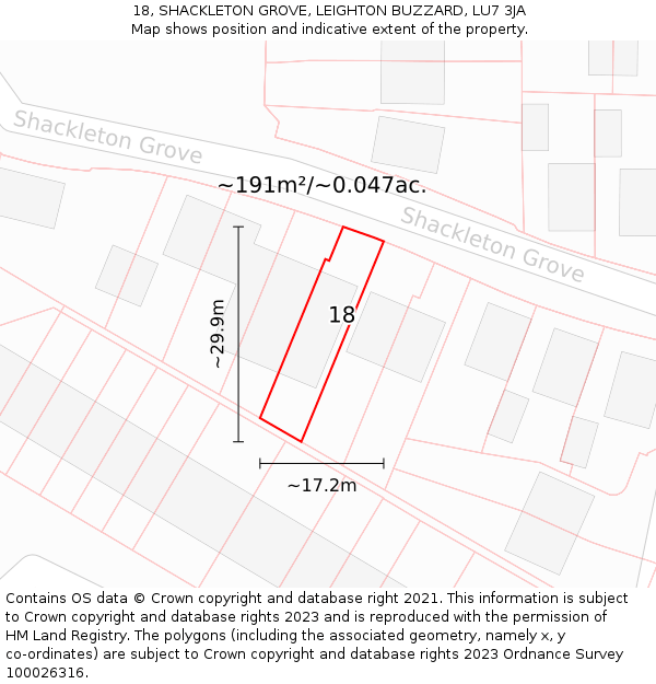 18, SHACKLETON GROVE, LEIGHTON BUZZARD, LU7 3JA: Plot and title map