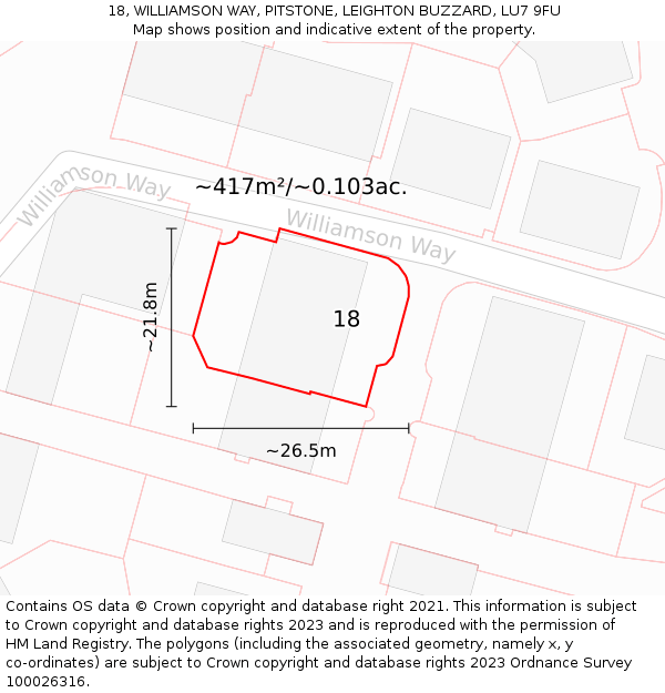 18, WILLIAMSON WAY, PITSTONE, LEIGHTON BUZZARD, LU7 9FU: Plot and title map