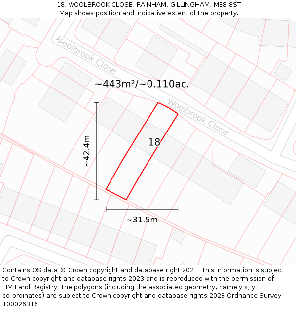 18, WOOLBROOK CLOSE, RAINHAM, GILLINGHAM, ME8 8ST: Plot and title map