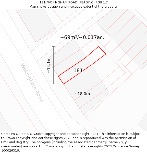 181, WOKINGHAM ROAD, READING, RG6 1LT: Plot and title map