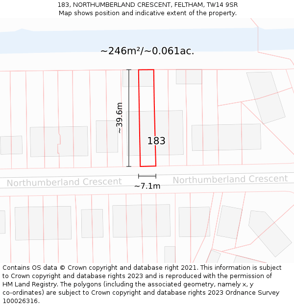 183, NORTHUMBERLAND CRESCENT, FELTHAM, TW14 9SR: Plot and title map