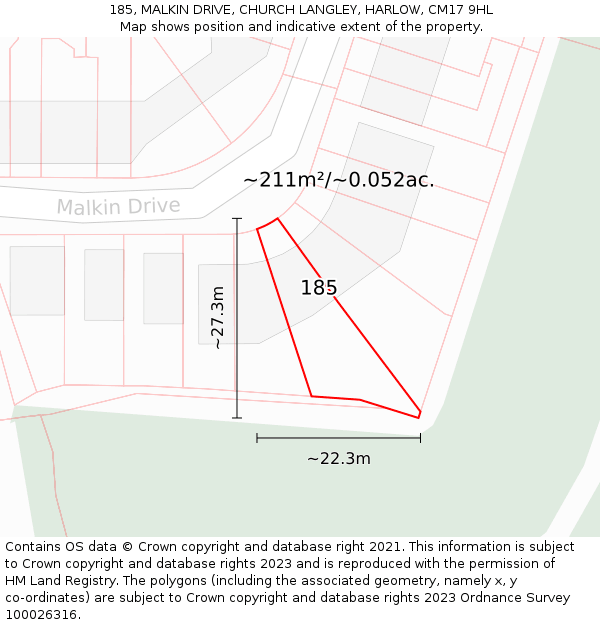185, MALKIN DRIVE, CHURCH LANGLEY, HARLOW, CM17 9HL: Plot and title map