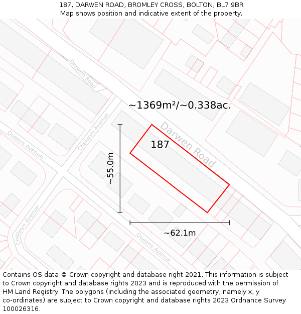 187, DARWEN ROAD, BROMLEY CROSS, BOLTON, BL7 9BR: Plot and title map