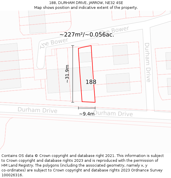 188, DURHAM DRIVE, JARROW, NE32 4SE: Plot and title map