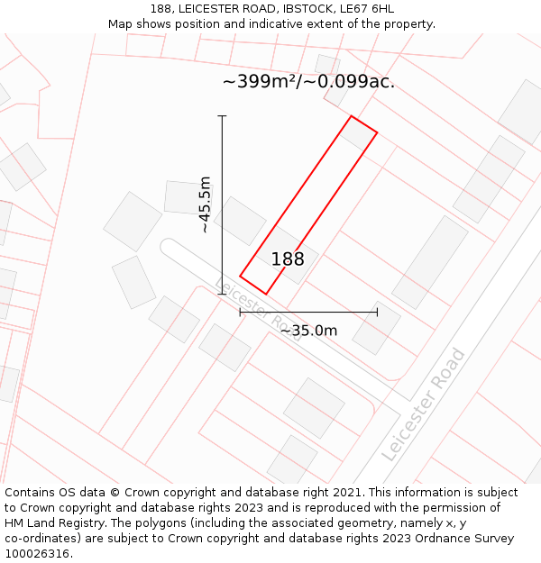 188, LEICESTER ROAD, IBSTOCK, LE67 6HL: Plot and title map