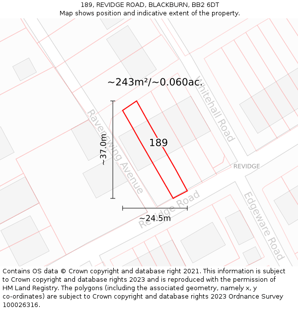 189, REVIDGE ROAD, BLACKBURN, BB2 6DT: Plot and title map