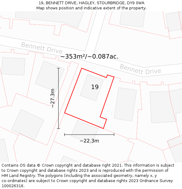 19, BENNETT DRIVE, HAGLEY, STOURBRIDGE, DY9 0WA: Plot and title map
