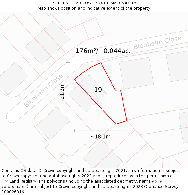 19, BLENHEIM CLOSE, SOUTHAM, CV47 1AF: Plot and title map