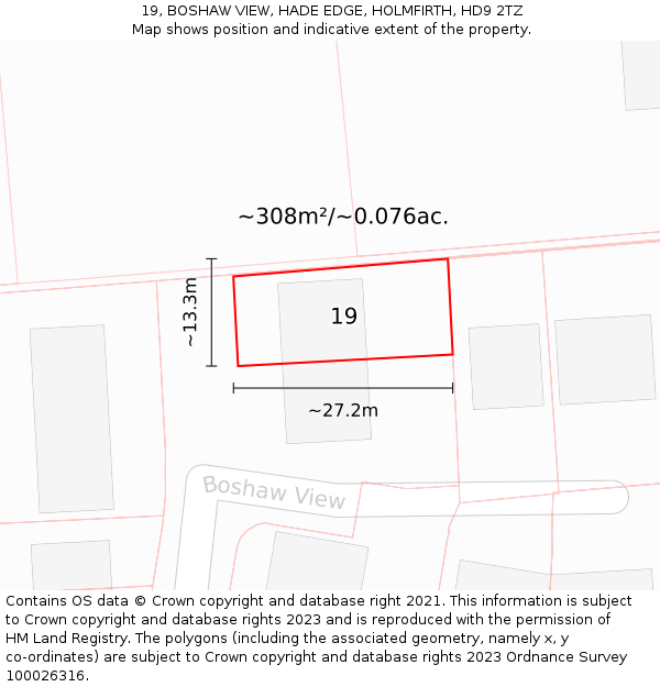 19, BOSHAW VIEW, HADE EDGE, HOLMFIRTH, HD9 2TZ: Plot and title map