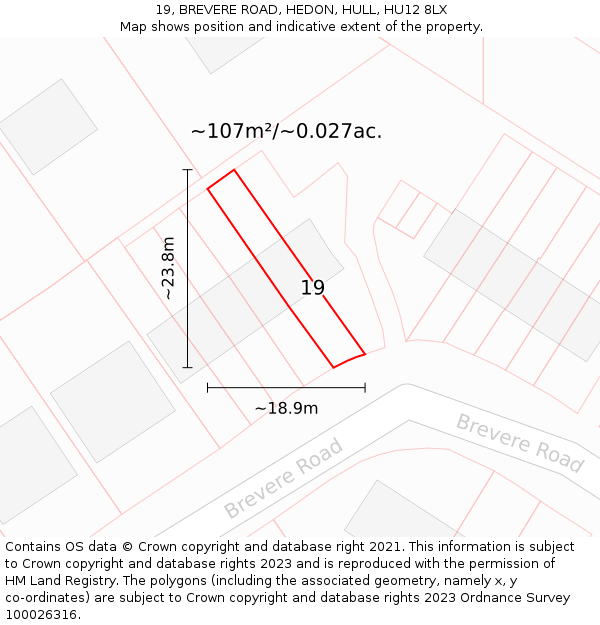 19, BREVERE ROAD, HEDON, HULL, HU12 8LX: Plot and title map
