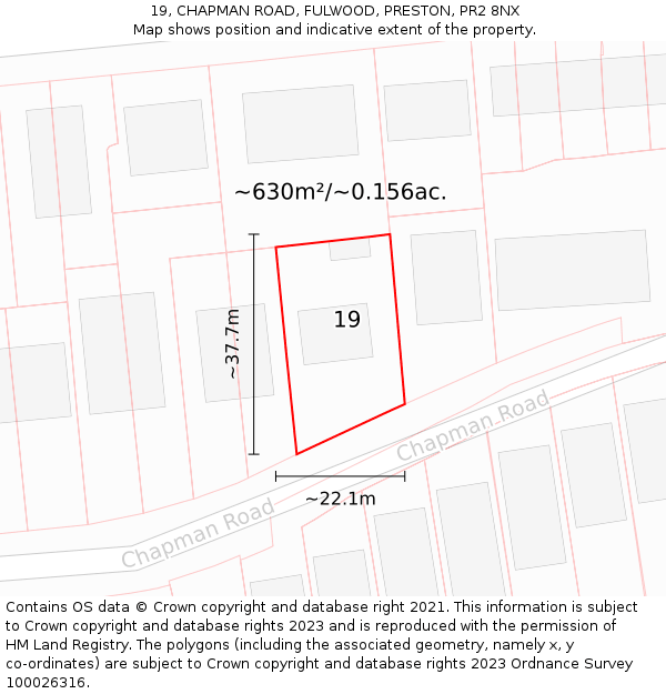 19, CHAPMAN ROAD, FULWOOD, PRESTON, PR2 8NX: Plot and title map