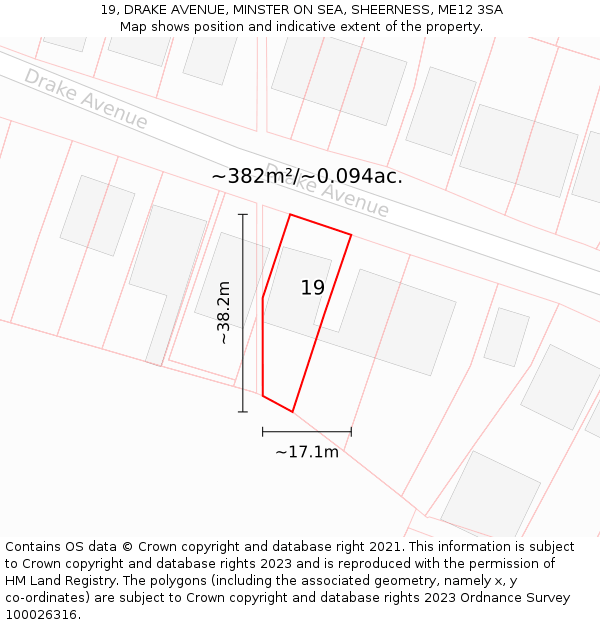 19, DRAKE AVENUE, MINSTER ON SEA, SHEERNESS, ME12 3SA: Plot and title map