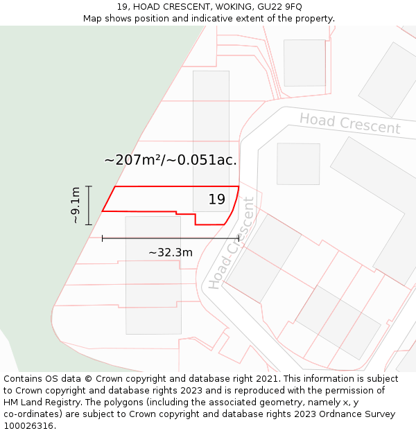 19, HOAD CRESCENT, WOKING, GU22 9FQ: Plot and title map