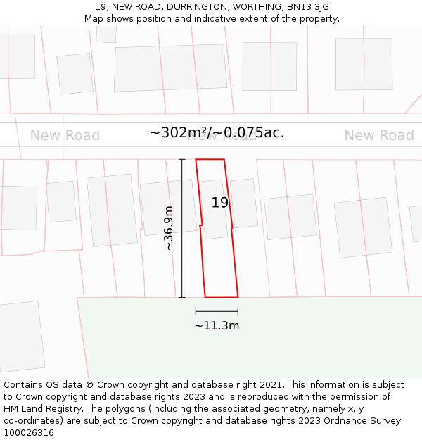 19, NEW ROAD, DURRINGTON, WORTHING, BN13 3JG: Plot and title map