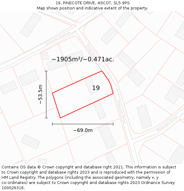 19, PINECOTE DRIVE, ASCOT, SL5 9PS: Plot and title map