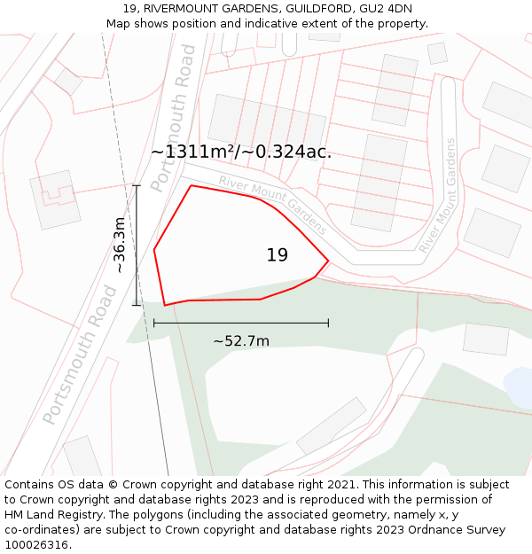 19, RIVERMOUNT GARDENS, GUILDFORD, GU2 4DN: Plot and title map