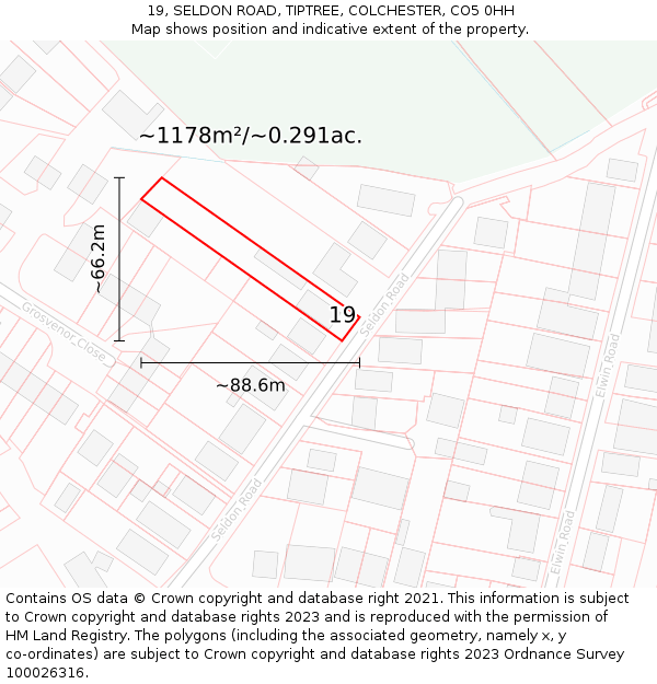 19, SELDON ROAD, TIPTREE, COLCHESTER, CO5 0HH: Plot and title map