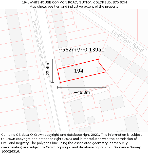 194, WHITEHOUSE COMMON ROAD, SUTTON COLDFIELD, B75 6DN: Plot and title map